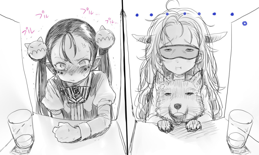 ... 2girls :t blush bosako_(haguhagu) closed_mouth cup drinking_glass fox goggles greyscale haguhagu_(rinjuu_circus) horns jitome juliet_sleeves long_hair long_sleeves looking_at_viewer messy_hair monochrome multiple_girls original pointy_ears puffy_sleeves purple-haired_loli_(haguhagu) tibetan_sand_fox twintails