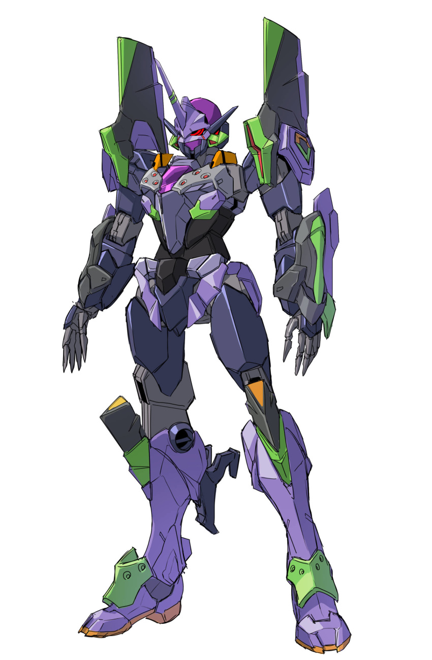 absurdres alus_core_gundam crossover eva_01 fusion gundam gundam_build_divers gundam_build_divers_re:rise highres joints mecha neon_genesis_evangelion no_humans open_hands red_eyes robot_joints solo standing sukekiyo56 white_background