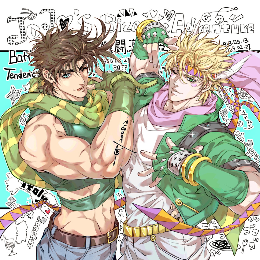 2boys ;p adam's_apple arm_up background_text bare_arms bare_shoulders battle_tendency belt belt_buckle blonde_hair bracelet brown_belt brown_hair buckle caesar_anthonio_zeppeli character_name chinese_commentary closed_mouth commentary_request copyright_name crop_top dated denim english_text facial_mark feather_hair_ornament feathers fingerless_gloves glint gloves green_eyes green_gloves green_jacket hair_between_eyes hair_feathers hand_on_another's_hip hand_up headgear heart highres jacket jeans jewelry jojo_no_kimyou_na_bouken joseph_joestar_(young) light_smile looking_at_viewer male_focus midriff multiple_boys muscle navel one_eye_closed pants pink_scarf sashiyu scarf short_hair signature smile sparkle spiky_hair striped striped_scarf symbol_commentary tongue tongue_out upper_body