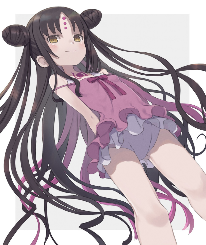 1girl arms_behind_back ass_visible_through_thighs bangs bare_arms bare_shoulders black_hair blush breasts brown_eyes closed_mouth commentary_request double_bun dutch_angle eyebrows_visible_through_hair facial_mark fate/grand_order fate_(series) forehead_mark grey_background highres long_hair one-piece_swimsuit parted_bangs pink_swimsuit sesshouin_kiara sesshouin_kiara_(swimsuit_mooncancer)_(fate) small_breasts smile solo swimsuit totatokeke two-tone_background very_long_hair white_background white_swimsuit younger