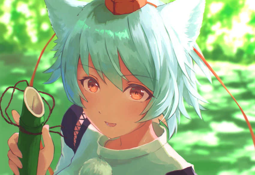 1girl :d animal_ears bamboo bangs blurry blurry_background close-up commentary_request detached_sleeves eyebrows_visible_through_hair fang hand_up hat highres inubashiri_momiji light_blush looking_at_viewer open_mouth orange_eyes outdoors pom_pom_(clothes) portrait red_headwear ribbon-trimmed_clothes ribbon-trimmed_sleeves ribbon_trim shadow shirt short_hair sidelocks silver_hair smile solo tokin_hat touhou white_hair white_shirt wolf_ears yamabuki_(laysis_yama)