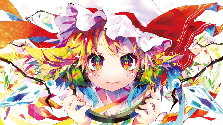 1girl :3 bangs blonde_hair blue_hair blush bow close-up collared_shirt colorful commentary_request crystal dot_nose eyebrows_visible_through_hair eyelashes face fang fang_out fangs flandre_scarlet glowing glowing_eyes halftone hat hat_ribbon headphones heart heart_in_eye holding holding_headphones kamiya_yuu looking_at_viewer mob_cap multicolored multicolored_eyes multicolored_hair nail_polish red_bow red_ribbon redhead ribbon shirt short_hair slit_pupils solo symbol_in_eye touhou triangle two-sided_fabric white_background white_shirt wings yellow_nails