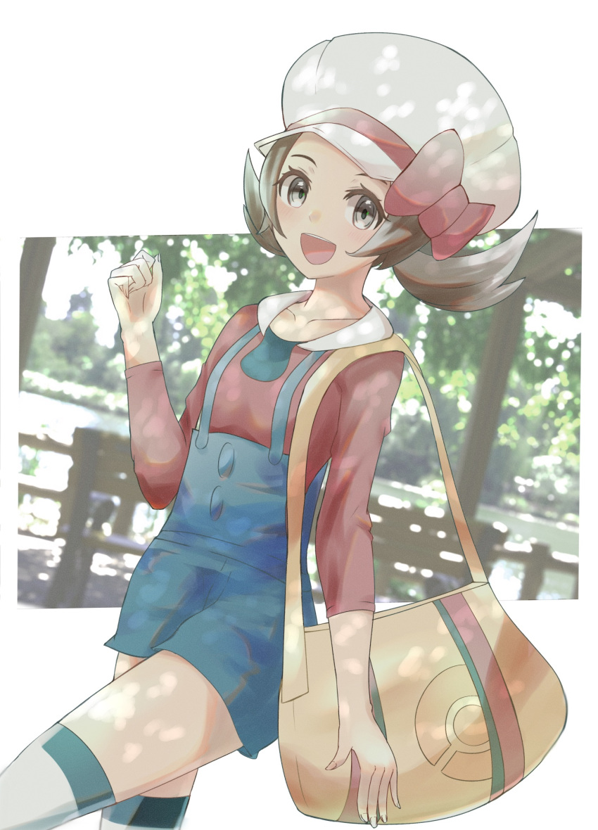 1girl :d bag bow brown_eyes brown_hair handbag hat hat_bow hat_ribbon highres kotone_(pokemon) long_sleeves looking_at_viewer open_mouth overalls photo_background pokemon red_bow red_shirt ribbon shirt short_hair short_twintails smile standing thigh-highs twintails uji_(966qrr) white_legwear