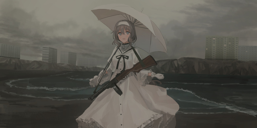 1girl :d bangs black_ribbon blue_eyes building chihuri clouds cloudy_sky day dress eyebrows_visible_through_hair frilled_dress frills gloves grey_hair gun hair_between_eyes hairband highres holding holding_umbrella juliet_sleeves long_hair long_sleeves looking_at_viewer neck_ribbon open_mouth original outdoors overcast ppsh-41 puffy_sleeves renata_alekseevna_tsvetaeva ribbon sailor_collar sailor_dress sky smile solo standing submachine_gun umbrella water waves weapon white_dress white_gloves white_hairband white_sailor_collar white_umbrella wide_sleeves