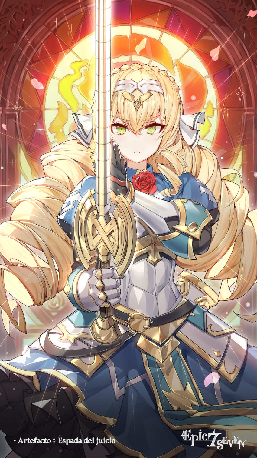 absurdres armor armored_dress black_gloves blonde_hair blue_dress dress drill_hair epic7 flower flower_neckwear frown gloves green_eyes hairband highres lidica_(epic7) long_hair looking_at_viewer neckwear rose sidelocks stained_glass sword weapon white_hairband