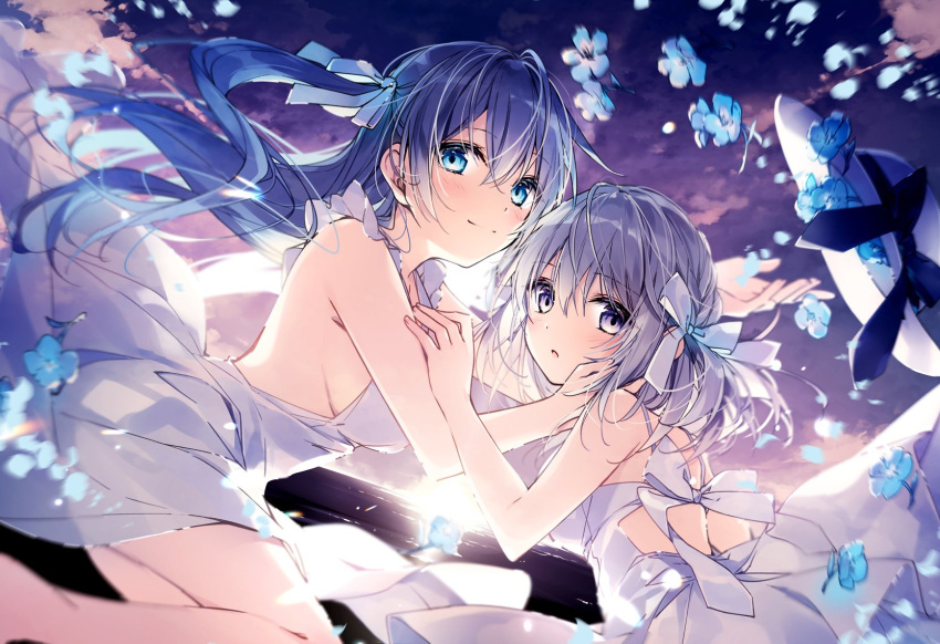 2girls bangs bare_arms bare_shoulders blue_eyes blue_flower blue_hair blush bow breasts closed_mouth commentary dress dutch_angle english_commentary eyebrows_visible_through_hair flower grey_hair hair_between_eyes hair_bow hat hat_removed headwear_removed highres long_hair looking_at_viewer medium_breasts mochizuki_shiina multiple_girls one_side_up original petals sleeveless sleeveless_dress smile sun_hat very_long_hair violet_eyes white_bow white_dress white_headwear