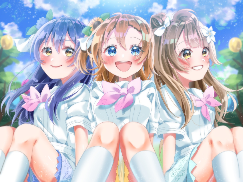 3girls bangs blue_eyes blue_hair flower grey_hair hair_between_eyes hair_flower hair_ornament highres kousaka_honoka long_hair looking_at_viewer love_live! love_live!_school_idol_project minami_kotori multiple_girls neck_ribbon one_side_up open_mouth orange_hair ponpon_rabbit ribbon short_sleeves sitting skirt smile sonoda_umi sunflower