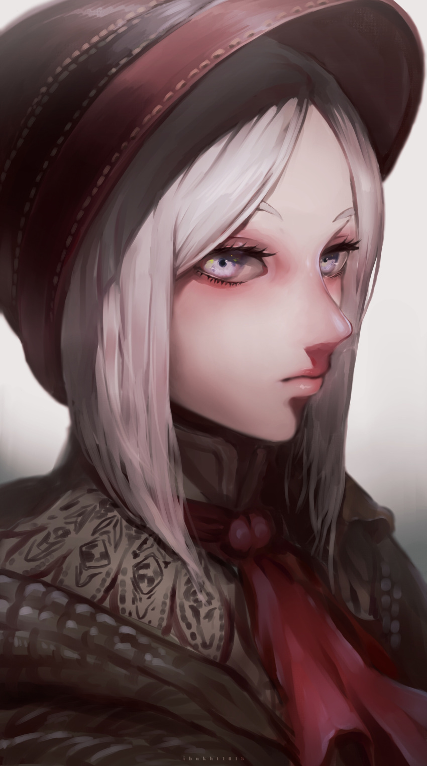 1girl absurdres artist_name ascot bangs bloodborne bonnet brown_cloak cloak close-up commentary face gradient gradient_background grey_background grey_eyes grey_hair hat highres ibuo_(ibukht1015) looking_at_viewer plain_doll red_headwear red_neckwear ribbon-trimmed_headwear ribbon_trim short_hair solo