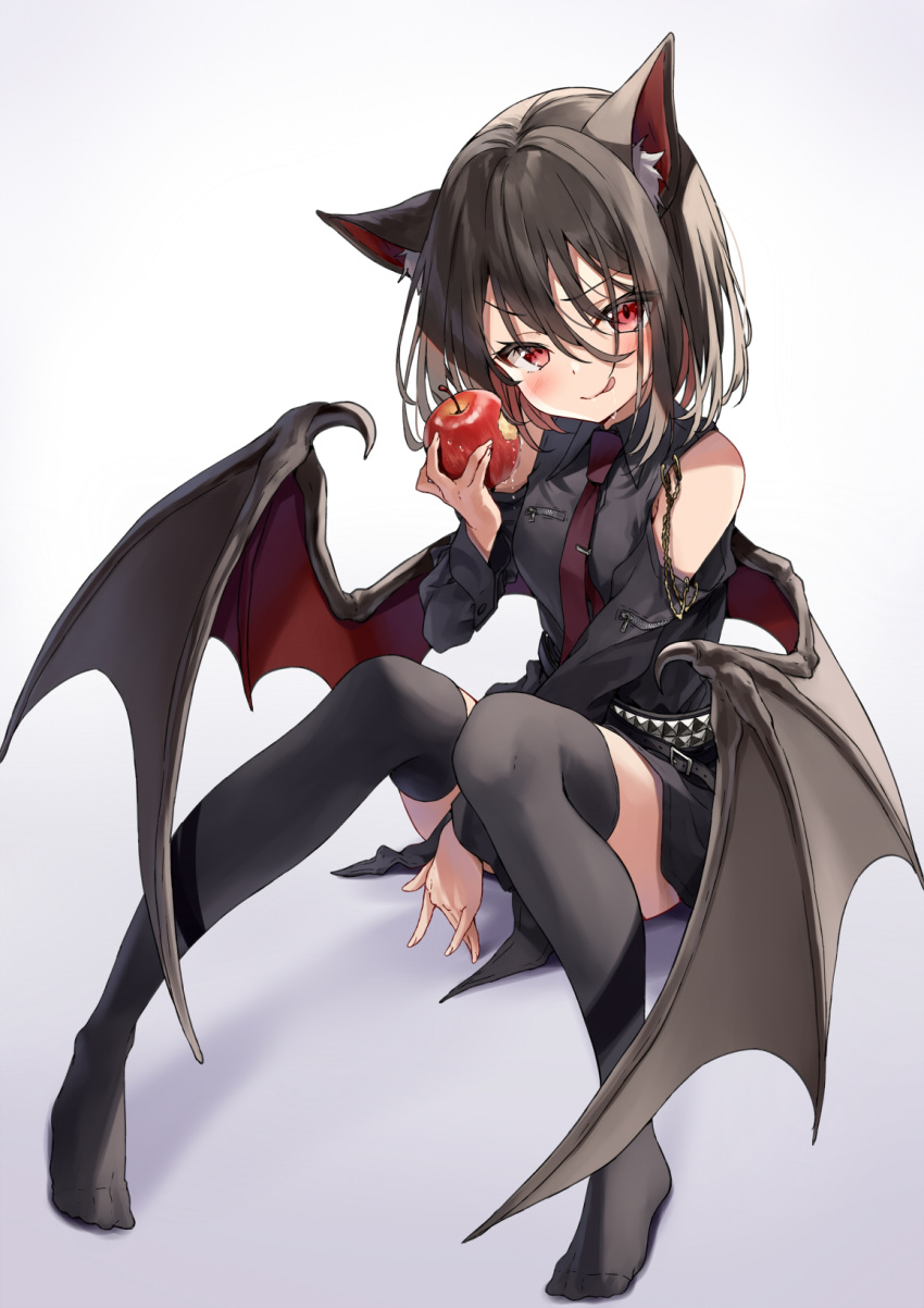 1girl :q animal_ears apple bare_shoulders bat_wings belt between_legs black_hair black_legwear black_shirt black_skirt breasts cat_ears food fruit highres holding kakao_rantan knees_up long_sleeves looking_at_viewer miniskirt necktie no_shoes original red_eyes shirt short_hair shoulder_cutout simple_background sitting skirt small_breasts solo thigh-highs tongue tongue_out v-shaped_eyebrows white_background wings