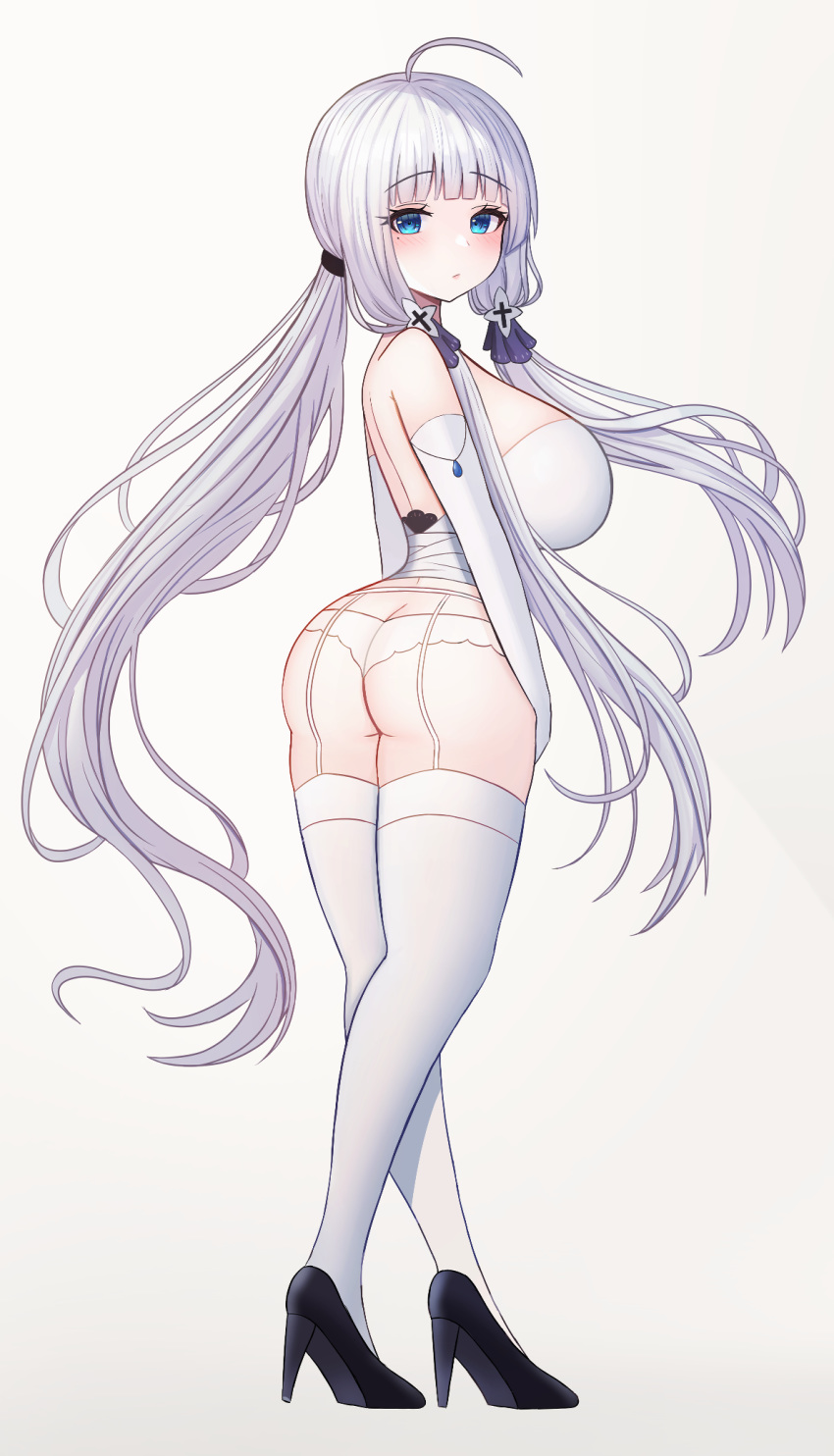 1girl ass azur_lane blue_eyes blush breasts closed_mouth elbow_gloves eyebrows_visible_through_hair full_body gloves high_heels highres huge_breasts illustrious_(azur_lane) large_breasts long_hair looking_at_viewer looking_back platform_footwear shoes simple_background snow_dusk solo thigh-highs twintails underwear underwear_only white_gloves white_hair white_headwear white_legwear