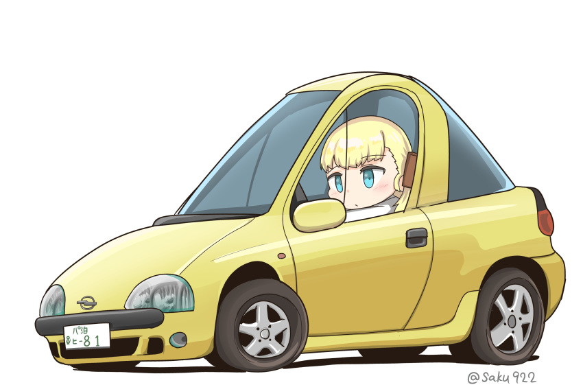 1girl absurdres bangs blonde_hair blue_eyes blunt_bangs car commentary_request ground_vehicle hair_ornament highres kantai_collection long_hair motor_vehicle sakusan shin'you_(kantai_collection) simple_background solo twitter_username vehicle_request white_background