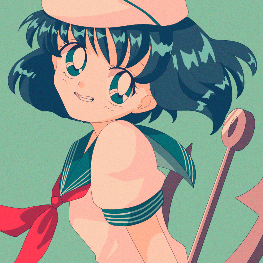 1990s_(style) 1girl anchor black_hair bow clenched_teeth dress eyebrows_visible_through_hair green_eyes hanadi_detazo hat highres looking_at_viewer murasa_minamitsu red_bow sailor sailor_collar sailor_hat short_hair smile solo teeth touhou