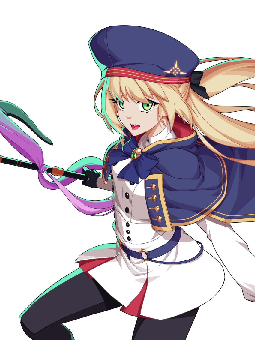 1girl artoria_pendragon_(all) artoria_pendragon_(caster) blonde_hair breasts commentary_request cowboy_shot fate/grand_order fate_(series) gloves green_eyes hat highres holding long_hair long_sleeves looking_at_viewer matoi92 open_mouth pantyhose simple_background skirt small_breasts solo teeth tongue white_background