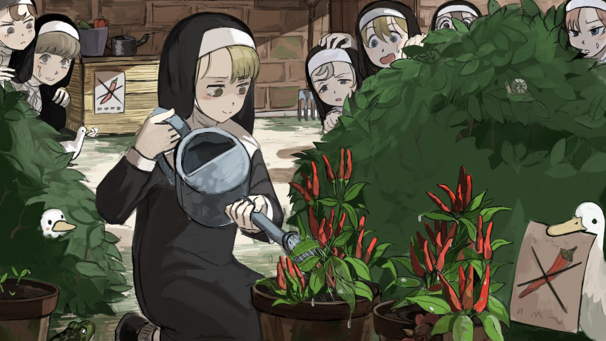 6+girls bird blonde_hair brown_hair bush catholic chicken chili_pepper commentary diva_(hyxpk) duck frog gardening glasses habit hiding highres holding holding_watering_can letter multiple_girls nun open_mouth original plant poster_(object) pot potted_plant rake snail sweatdrop watering_can