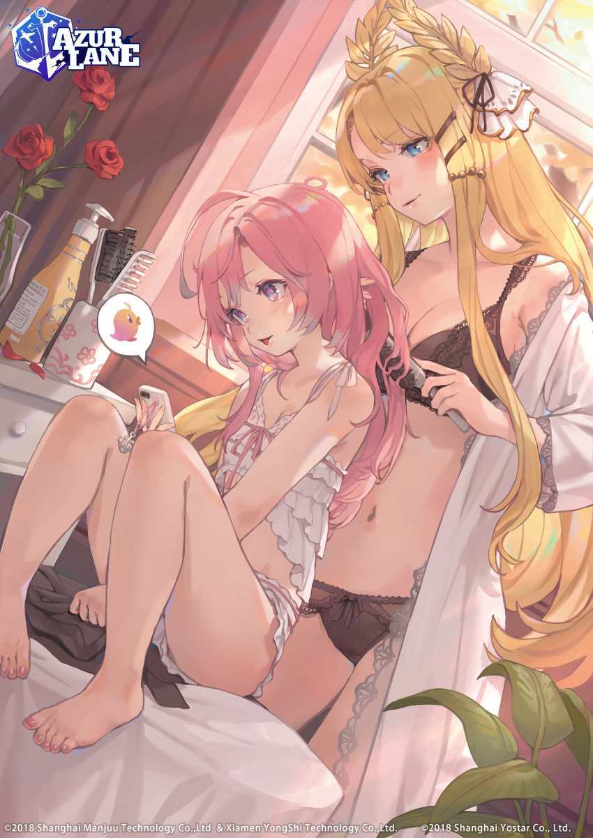 2girls absurdres ahoge alternate_costume azur_lane bibimbub black_bra black_panties bra breasts coat combing flower hair_ornament hairclip highres holding knees_up large_breasts laurel_crown lingerie manjuu_(azur_lane) multiple_girls navel official_art open_clothes open_coat panties phone pink_hair rose saratoga_(azur_lane) sitting spoken_animal stomach thighs toenail_polish tongue tongue_out underwear vase victorious_(azur_lane) violet_eyes white_coat