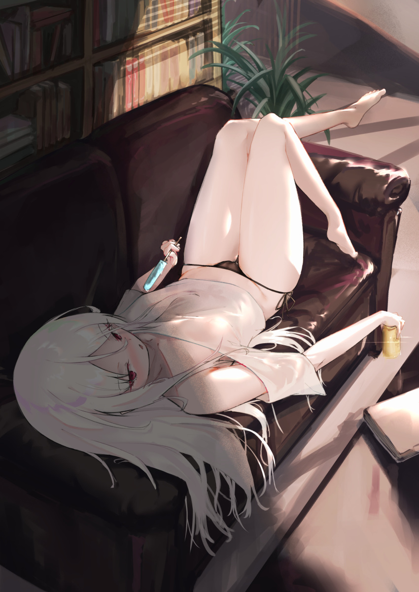 0shino 1girl bare_shoulders barefoot black_panties bookshelf couch crop_top food highres holding legs_up long_hair lying no_pants off-shoulder_shirt off_shoulder on_back on_couch original panties parted_lips popsicle red_eyes shirt short_sleeves side-tie_panties solo string_panties thighs underwear white_hair white_shirt