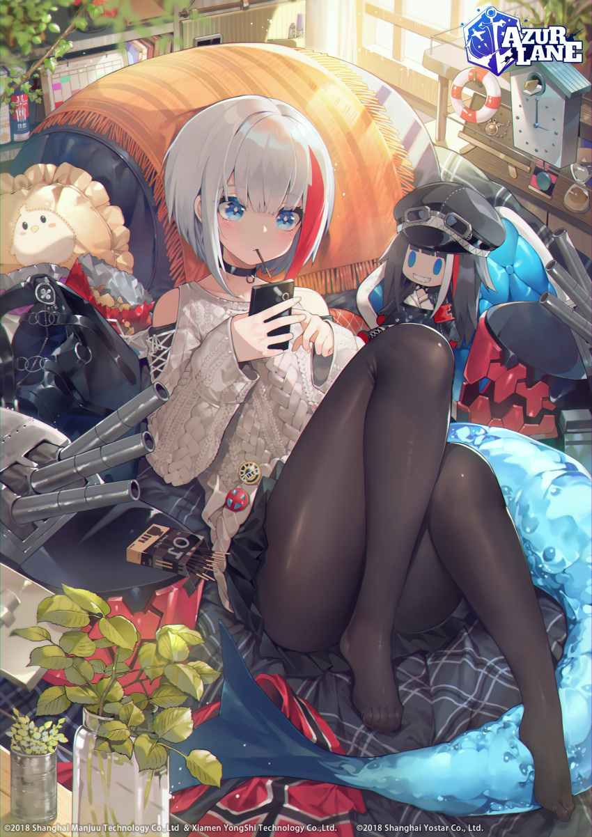 absurdres admiral_graf_spee_(azur_lane) admiral_graf_spee_(daily_peaceful_life)_(azur_lane) akizone anniversary aran_sweater azur_lane bag bird black_choker black_headwear black_legwear black_skirt blue_eyes cannon cellphone character_doll chick choker convenient_leg copyright_name deutschland_(azur_lane) food full_body grey_sweater hat highres holding holding_phone indoors knees_up long_sleeves looking_at_phone lying machinery manjuu_(azur_lane) miniskirt mouth_hold multicolored_hair no_shoes official_art on_back pantyhose peaked_cap phone plant pocky reclining redhead short_hair shoulder_cutout silver_hair skirt smartphone streaked_hair sweater turret two-tone_hair