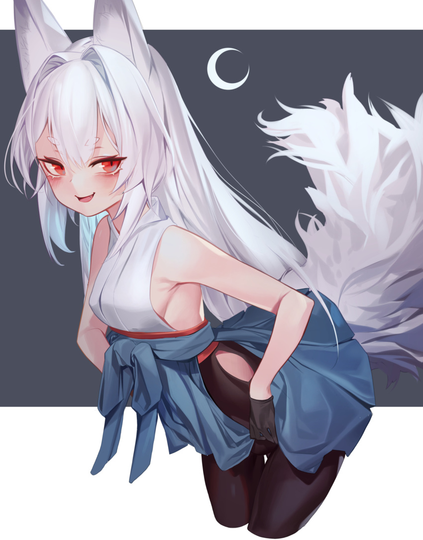 1girl absurdres animal_ears bare_shoulders black_gloves blush borrowed_character eyebrows_visible_through_hair eyes_visible_through_hair fang fox_ears fox_girl fox_tail gloves highres long_hair moon open_mouth original red_eyes short_eyebrows smile solo ssangbong-llama tail two-tone_background white_hair