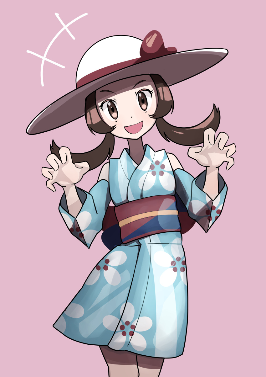 1girl :d absurdres blue_kimono brown_eyes brown_hair floral_print fujiwara_echi hands_up hat highres japanese_clothes kimono kotone_(pokemon) looking_at_viewer low_twintails obi open_mouth pink_background pokemon pokemon_(game) pokemon_masters sash simple_background smile solo standing sun_hat twintails white_headwear yukata