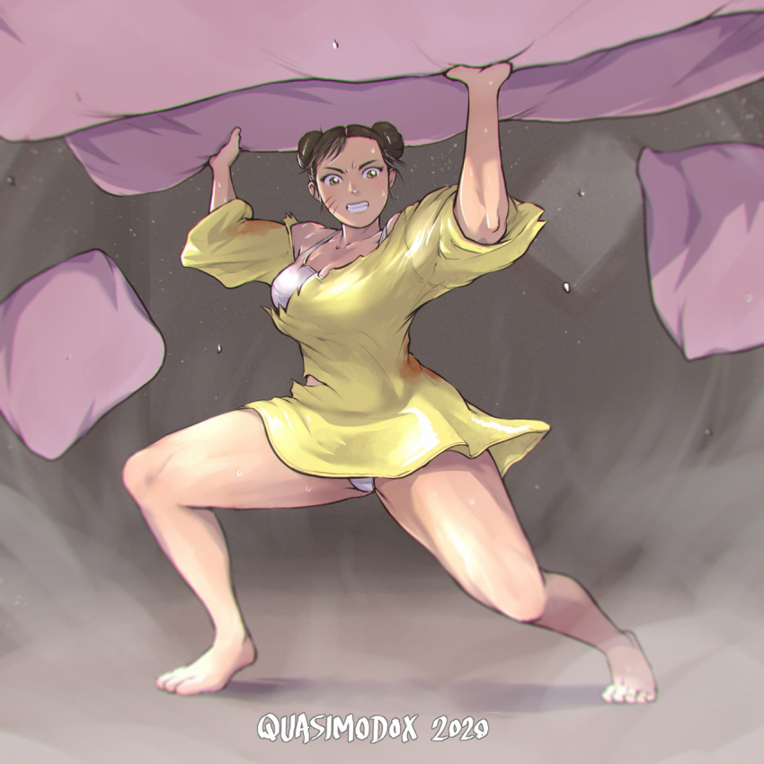 1girl angry bare_legs barefoot blood bra breasts chun-li commentary couch cuts double_bun english_commentary full_body highres injury large_breasts lifting pajamas panties pantyshot pillow quasimodox solo street_fighter street_fighter_ii_(series) strong sweat thick_thighs thighs toes torn_clothes underwear white_bra white_panties