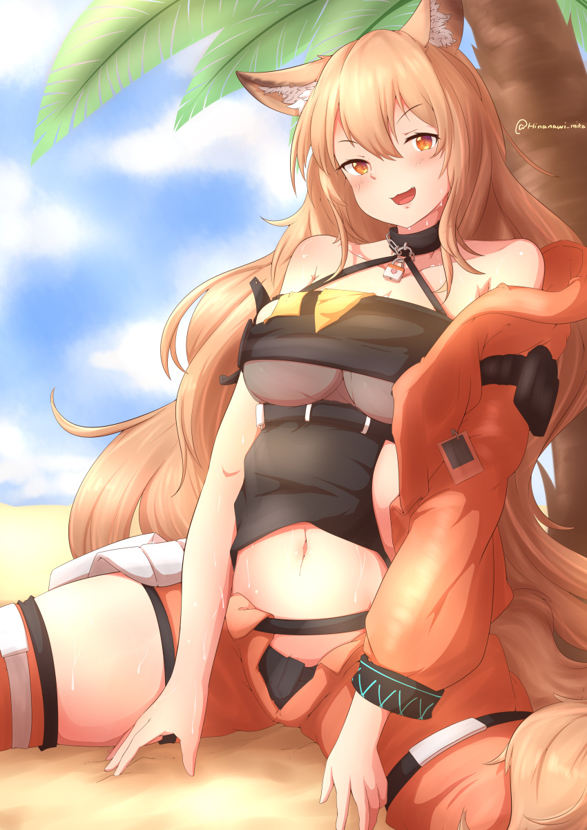 1girl absurdres animal_ear_fluff animal_ears arknights bangs bare_shoulders beach breasts ceobe_(arknights) chain collar dog_ears eyebrows_visible_through_hair hair_between_eyes highres hinanawi_mika huge_filesize jacket light_brown_hair lock midriff navel orange_eyes palm_tree swimsuit thigh_gap thighs tree under_boob