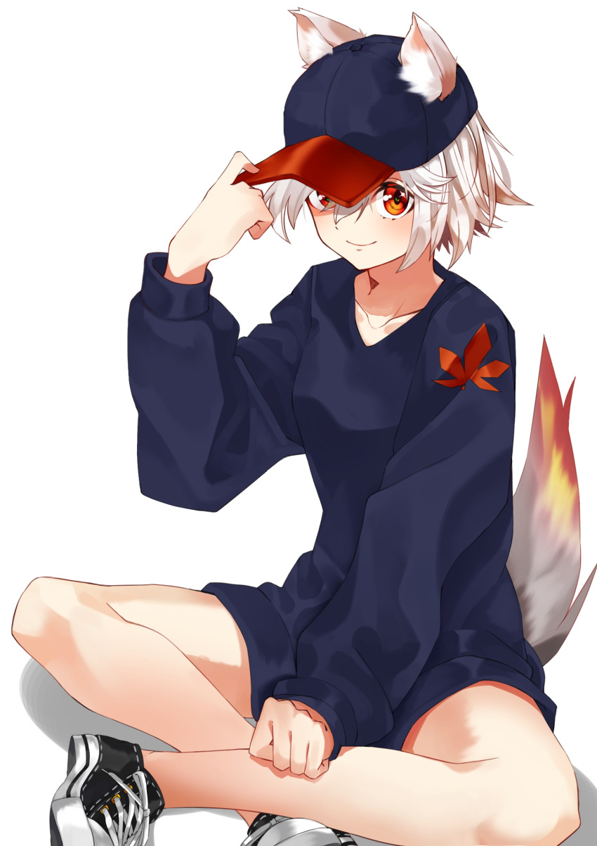 1girl alternate_costume animal_ear_fluff animal_ears black_headwear black_shirt collarbone contemporary gozenjuziame hat highres holding holding_clothes holding_hat inubashiri_momiji leaf looking_at_viewer maple_leaf no_pants no_socks red_eyes shirt shoes simple_background smile sneakers solo tail touhou white_background white_hair wolf_ears wolf_girl wolf_tail