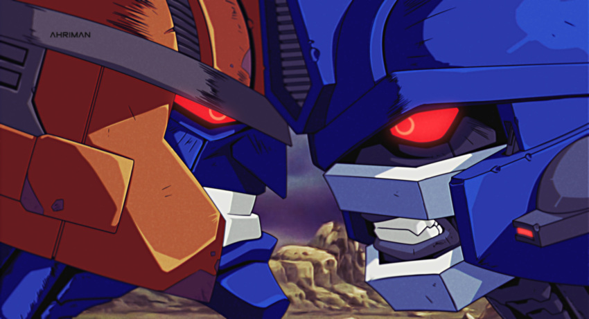 2boys artist_name beast_wars clenched_teeth close-up derivative_work dinobot dmitry_grozov head_to_head highres looking_at_another maximal mecha multiple_boys no_humans optimus_primal red_eyes screencap_redraw teeth transformers