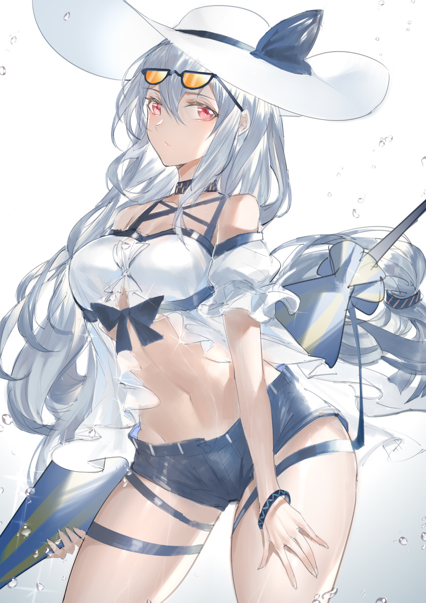 1girl absurdres alternate_costume arknights bangs bare_shoulders bikini_shorts breasts eyewear_on_head hair_between_eyes hat highres holding horz large_breasts long_hair looking_at_viewer navel parted_lips red_eyes shorts sidelocks silver_hair skadi_(arknights) solo stomach sun_hat sunglasses swimsuit thigh_strap thighs tinted_eyewear very_long_hair wet wristband