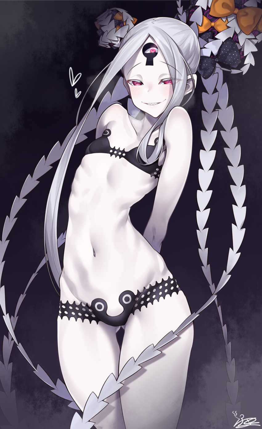 1girl abigail_williams_(fate/grand_order) abigail_williams_(swimsuit_foreigner)_(fate) arms_behind_back ass_visible_through_thighs bangs bare_shoulders bikini black_bikini black_bow blush bow collarbone double_bun fate/grand_order fate_(series) flat_chest forehead grin hat highres keyhole long_hair looking_at_viewer micro_bikini multiple_bows navel orange_bow parted_bangs pink_eyes sharp_teeth sidelocks smile solo swimsuit teeth thighs third_eye very_long_hair watosu white_hair white_skin