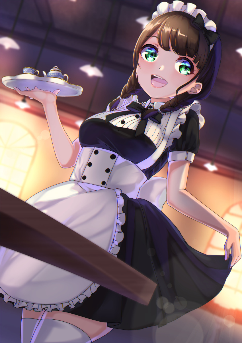1girl :d absurdres apron black_dress blurry blurry_background braid brown_hair ceiling cup dress green_eyes highres holding holding_tray indoors lamp lens_flare maid maid_apron open_mouth original restaurant short_sleeves short_twintails skirt skirt_lift smile solo sophiaenju standing table teacup teapot thigh-highs tray twintails waitress