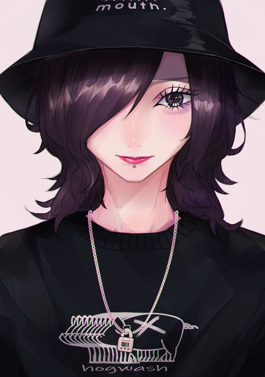 1girl absurdres black_eyes black_hair bucket_hat close-up english_text hair_over_one_eye hat highres jewelry light_smile mano_aaa necklace one_eye_covered original piercing solo