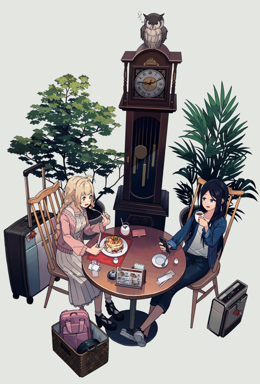 2girls ahoge aqua_eyes backpack bag bangs basket bell bird black_footwear black_hair blonde_hair blue_shirt blush bobby_socks braid cake camisole cellphone chair charm_(object) clock coffee_cup collarbone commentary creamer_(vessel) crossed_ankles cup denim disposable_cup dress drinking_glass eating eyebrows_visible_through_hair fish_charm food fork grandfather_clock grey_background high_heels highres holding holding_cup holding_fork holding_knife holding_phone jacket jeans knife lace lace-trimmed_dress lace_trim long_dress long_hair looking_at_another menu multiple_girls open_clothes open_jacket open_mouth open_shirt original owl pants phone pink_backpack pink_jacket plant plate pleated_dress potted_plant rolling_suitcase round_table saucer setamo_map shirt shoes sidelocks simple_background single_braid smartphone smartphone_case sneakers socks sponge_cake spoon suitcase table tissue undershirt white_camisole white_dress white_legwear