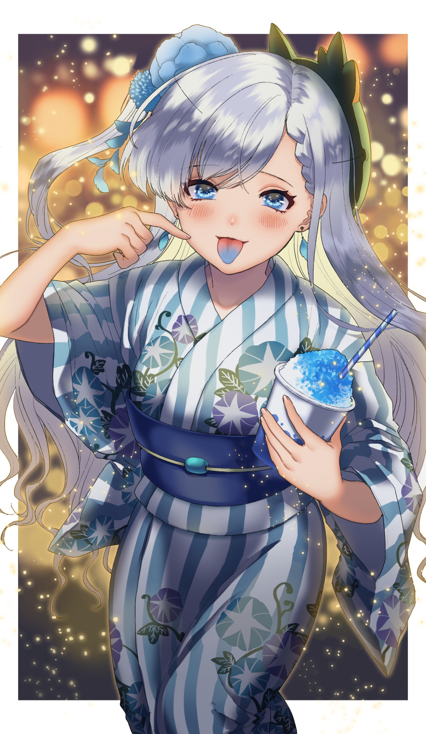 1girl absurdres bangs black_background blue_eyes blue_flower blue_kimono blurry blurry_background blush bokeh border braid colored_tongue commentary_request cowboy_shot depth_of_field earrings eyebrows_visible_through_hair fingernails floral_print flower food hair_flower hair_ornament hands_up highres hisakawa_hayate holding holding_food huge_filesize idolmaster idolmaster_cinderella_girls index_finger_raised japanese_clothes jewelry kimono light_particles long_hair long_sleeves looking_at_viewer mask mask_on_head obi one_side_up outside_border parted_lips pointing pointing_at_self print_kimono ro_torobo sash shaved_ice silver_hair smile solo standing star_(symbol) star_print striped striped_kimono tongue tongue_out vertical-striped_kimono vertical_stripes white_border wide_sleeves yukata