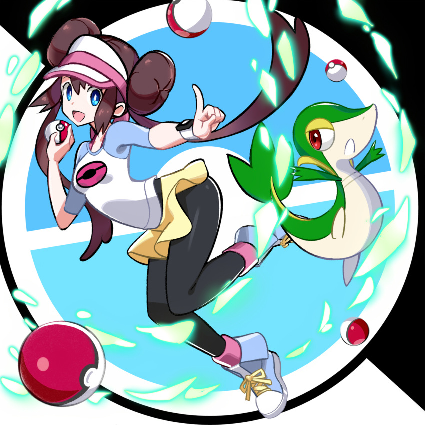 1girl black_legwear blue_eyes bow breasts brown_hair commentary_request double_bun gen_5_pokemon highres holding holding_poke_ball index_finger_raised legwear_under_shorts long_hair looking_at_viewer mei_(pokemon) open_mouth pantyhose pink_bow poke_ball poke_ball_(basic) pokemon pokemon_(creature) pokemon_(game) pokemon_bw2 raglan_sleeves sakuraidai shirt shoes short_shorts short_sleeves shorts smile sneakers snivy starter_pokemon twintails very_long_hair visor_cap yellow_shorts