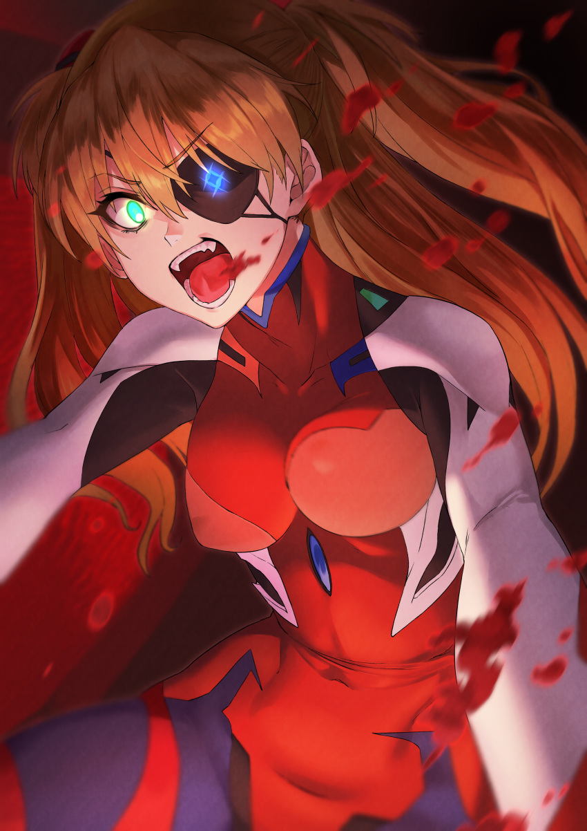 1girl absurdres black_eyepatch bodysuit collarbone covered_navel covered_nipples evangelion:_3.0_you_can_(not)_redo eyebrows_visible_through_hair eyepatch glowing glowing_eye green_eyes highres hotate-chan huge_filesize long_hair neon_genesis_evangelion open_mouth orange_hair plugsuit rebuild_of_evangelion screaming shikinami_asuka_langley solo souryuu_asuka_langley teeth tongue