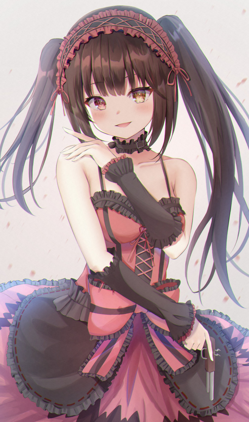1girl absurdres bangs bare_shoulders black_hair blush breasts choker clock_eyes collarbone commentary_request cowboy_shot date_a_live dress frilled_dress frilled_hairband frilled_sleeves frills gothic_lolita gun hairband heterochromia highres holding holding_gun holding_weapon lolita_fashion lolita_hairband long_hair looking_at_viewer medium_breasts open_mouth red_eyes ribbon sleeveless sleeveless_dress smile solo symbol-shaped_pupils tokisaki_kurumi twintails umineco_1 weapon yellow_eyes