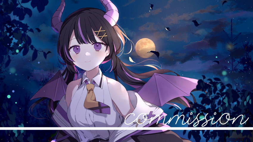 1girl bare_shoulders black_hair black_jacket closed_mouth clouds collared_shirt commission demon_girl demon_horns demon_wings full_moon hair_ornament hairclip highres horns jacket long_hair looking_at_viewer low_twintails moffle_(ayabi) moon multicolored_hair night night_sky off_shoulder open_clothes open_jacket original outdoors purple_hair purple_wings shirt sky sleeveless sleeveless_shirt smile solo star_(sky) starry_sky streaked_hair twintails very_long_hair violet_eyes watermark white_shirt wings x_hair_ornament