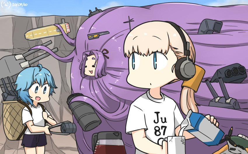 3girls aircraft airplane alternate_costume asymmetrical_hair bangs basket blonde_hair blue_eyes blue_hair blue_sky blunt_bangs cannon closed_eyes clothes_writing clouds coffee_mug coffee_pot commentary_request cowboy_shot cup dated day drum_(container) flight_deck hair_ornament hamu_koutarou hatsuharu_(kantai_collection) highres ju_87 kantai_collection living_hair long_hair mechanical_halo milk_carton minazuki_(kantai_collection) mug multiple_girls outdoors prehensile_hair purple_hair shin'you_(kantai_collection) shirt short_hair_with_long_locks sky t-shirt tongs turret upper_body white_shirt