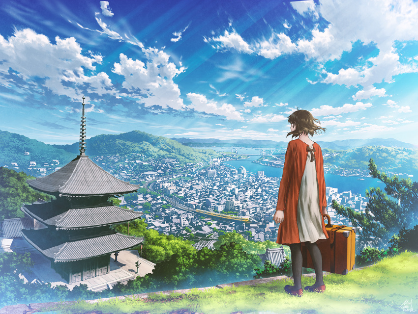 1girl architecture black_legwear blue_sky brown_hair building city clouds cloudy_sky day dress east_asian_architecture from_behind holding light_rays luggage mocha_(cotton) original outdoors pagoda scenery shoes short_hair sky solo sunbeam sunlight
