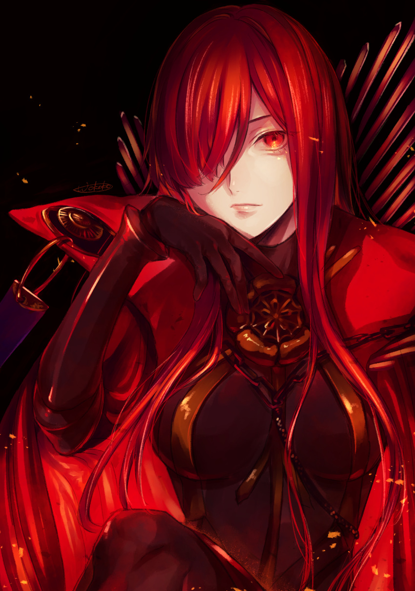 1girl absurdres black_background black_bodysuit black_gloves bodysuit breasts breasts_apart cape closed_mouth fate/grand_order fate_(series) floating_hair gloves hair_over_one_eye highres long_hair looking_at_viewer medium_breasts oda_nobunaga_(fate)_(all) oda_nobunaga_(maou_avenger)_(fate) red_cape red_eyes redhead shiny shiny_hair sitting solo very_long_hair wokoko