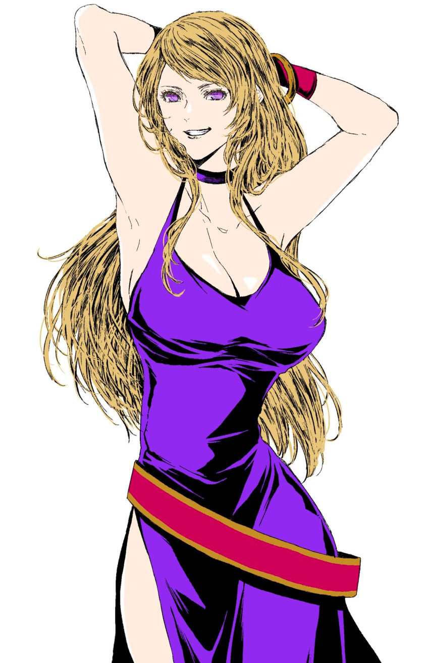 1girl armpits arms_behind_head arms_up blonde_hair bonne_jenet bracelet breasts choker grin highres jewelry large_breasts long_hair mark_of_the_wolves osakana_e smile solo violet_eyes