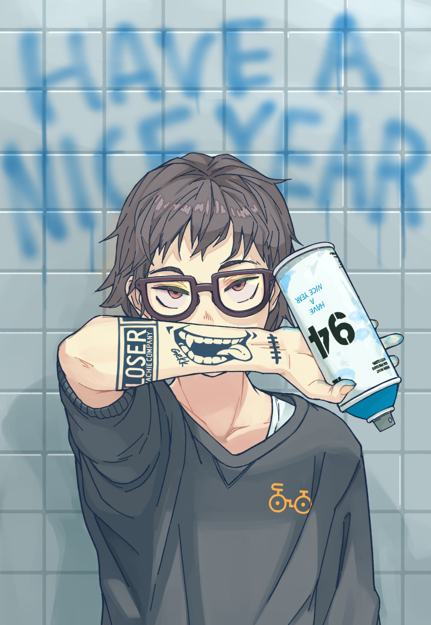 1boy absurdres arm_tattoo brown-framed_eyewear brown_gloves brown_hair can collarbone english_text fingernails glasses gloves highres holding holding_can male_focus original paint_can paint_on_fingers shima_(landsuzume) sleeves_rolled_up solo spray_can standing tattoo upper_body