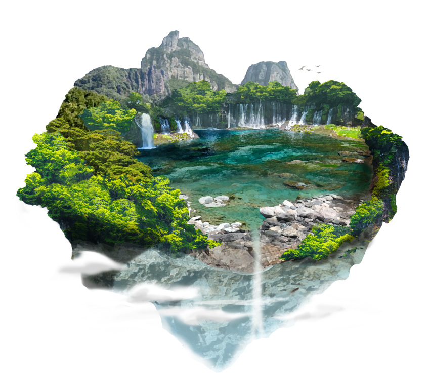 ashiyafuku bird clouds floating_island highres island mountain no_humans original scenery tree water waterfall white_background