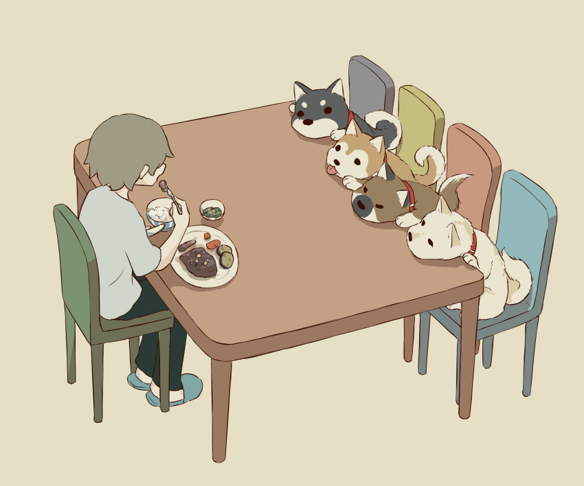 1boy absurdres animal avogado6 beige_background blue_footwear blue_shirt bowl chair collar commentary_request dish dog facing_away food from_side grey_hair highres holding indoors knife male_focus on_chair open_mouth original pants puppy rice rice_bowl shiba_inu shirt short_sleeves simple_background sitting slippers steak striped sweet_potato table tongue tongue_out vertical_stripes wide_shot
