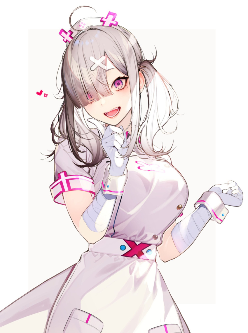 1girl :d ahoge bandaged_arm bandages belt breasts dress gloves grey_hair hair_ornament hair_over_one_eye hat highres index_finger_raised kayahara large_breasts long_hair looking_at_viewer mole mole_under_eye nijisanji nurse_cap open_mouth pink_eyes short_sleeves simple_background smile solo sukoya_kana twintails virtual_youtuber white_background white_dress white_gloves white_headwear wrist_cuffs x_hair_ornament