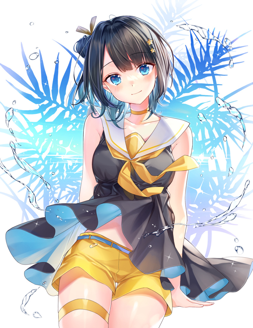 1girl bangs black_hair black_shirt blunt_bangs breasts choker closed_mouth hair_bun hair_ornament hair_ribbon highres ion_(on01e) looking_at_viewer medium_breasts medium_hair midriff_peek original palm_tree ribbon sailor_collar shirt short_shorts shorts sidelocks sitting sleeveless sleeveless_shirt smile solo star_(symbol) star_hair_ornament thigh_strap tree water white_background yellow_neckwear yellow_shorts