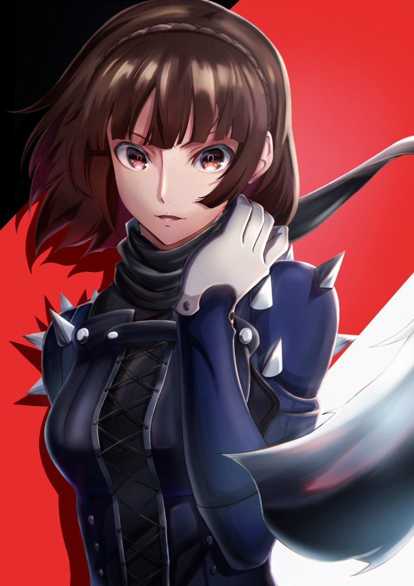 1girl absurdres bangs black_scarf blue_bodysuit bodysuit braid brown_eyes brown_hair crown_braid floating_hair gloves highres looking_at_viewer niijima_makoto open_mouth persona persona_5 red_background scarf shiny shiny_hair short_hair solo tirudo29 upper_body white_gloves