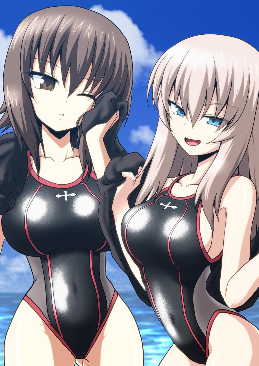 2girls bangs black_swimsuit black_towel blue_eyes blue_sky breasts brown_eyes brown_hair clouds cloudy_sky competition_swimsuit covered_navel day drying eyebrows_visible_through_hair girls_und_panzer half-closed_eyes highres holding holding_towel insignia itsumi_erika kamishima_kanon large_breasts looking_at_viewer medium_hair multiple_girls nishizumi_maho ocean one-piece_swimsuit one_eye_closed open_mouth outdoors parted_lips shiny_swimsuit short_hair silver_hair sky smirk standing swimsuit towel