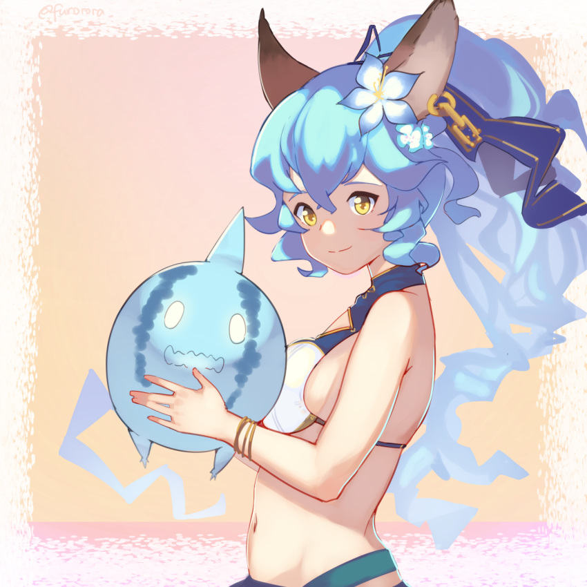 1girl animal_ears blue_hair erune ferry_(granblue_fantasy) flower granblue_fantasy hair_flower hair_ornament hair_ribbon highres holding long_hair looking_at_viewer midriff navel pinepizza ponytail ribbon sidelocks smile solo swimsuit upper_body