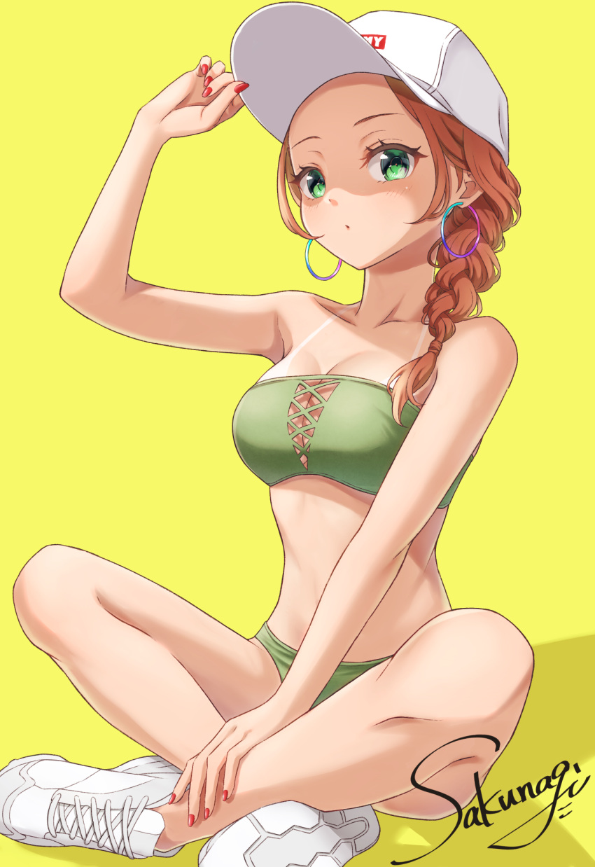 1girl arm_up bare_arms bare_shoulders baseball_cap bikini braid breasts brown_hair earrings expressionless green_bikini green_eyes hair_over_shoulder hat highres hoop_earrings indian_style jewelry long_hair looking_at_viewer medium_breasts nail_polish namin_(namin1317) original red_nails shoes signature simple_background single_braid sitting strapless strapless_bikini swimsuit tan tanline white_footwear white_headwear yellow_background